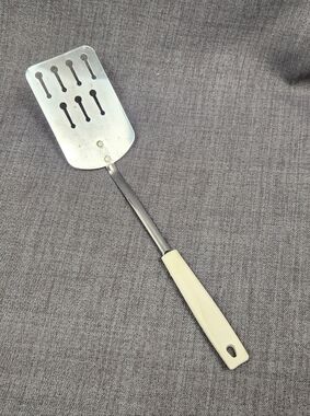 Vintage Ekco Stainless Steel Slotted Spatula White Handle.